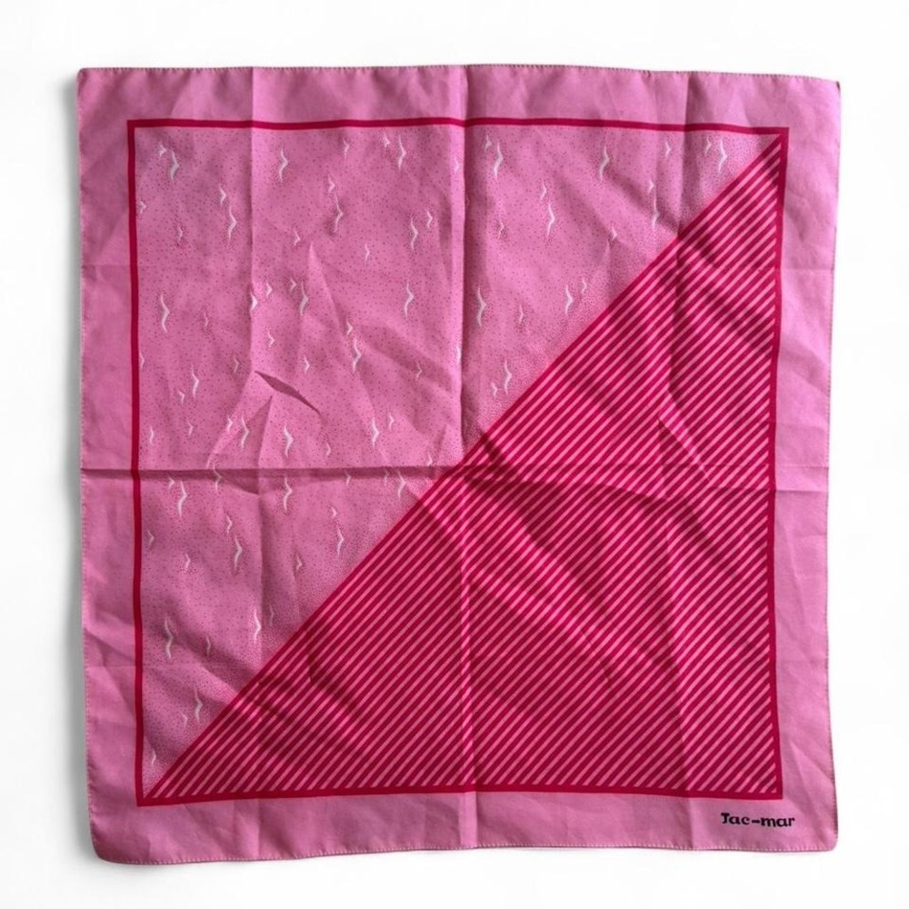 Vintage Jac-Mar pink square scarf with geometric abstract design and birds